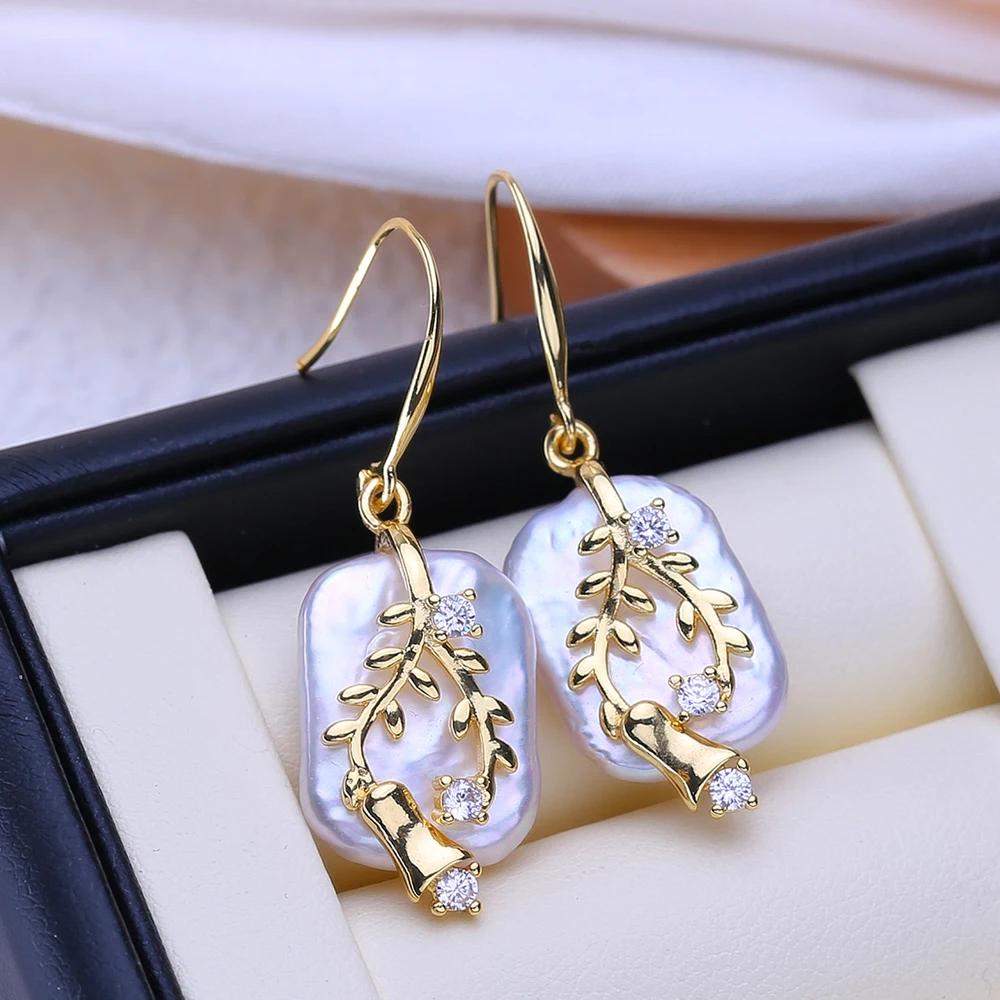 FENASY Natural Freshwater Big Baroque Pearl Gold Color Earrings For Women Fashion Party Wedding Jewelry Birthday Gift