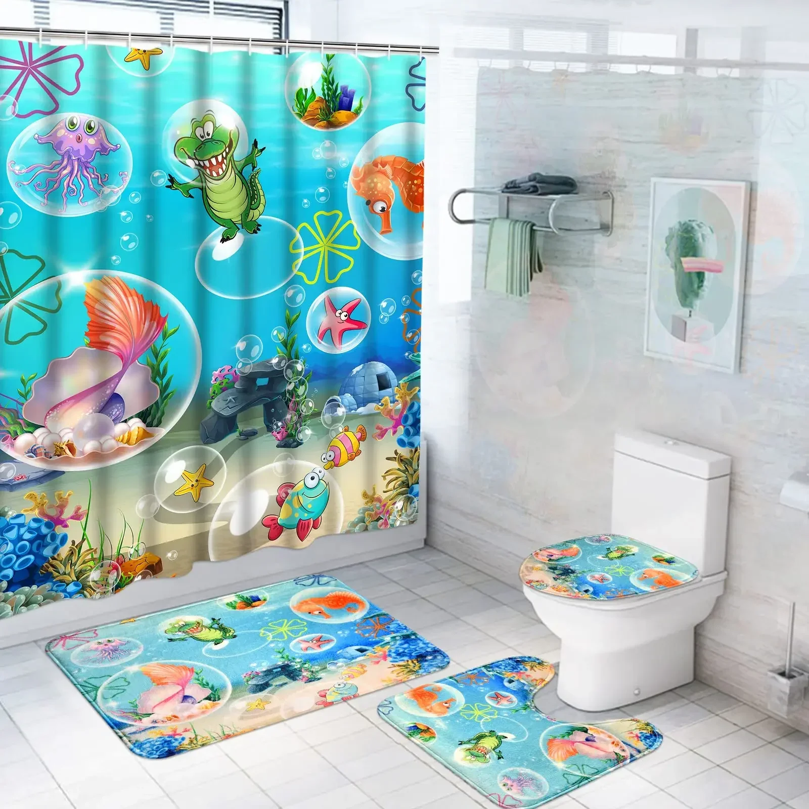 Tropical Ocean Shower Curtain Sets Rugs Toilet Lid Cover Bath Mat Cartoon Submarine Sea Fish Nautical Underwater World for Kids