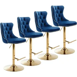 Bar Stools Set of 4 Adjustable Counter Height Barstools with High Back Button Tufted and Nailheads Trim Velvet Upholstered