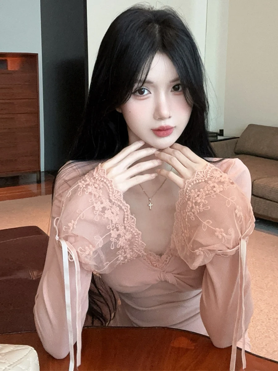 Elegant Sweet Pure Desire Lace Trim Flocking Slim Fit Bell Sleeve V-Neck Knot Tummy Control Skirt Stylish Women's Dress