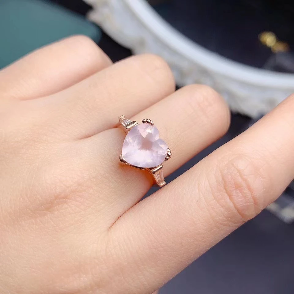 4ct 10mm Natural Rose Quartz Ring for Woman Romantic Heart Shape Rose Quartz 925 Silver Ring 3 Layers 18K Gold Plated Jewelry