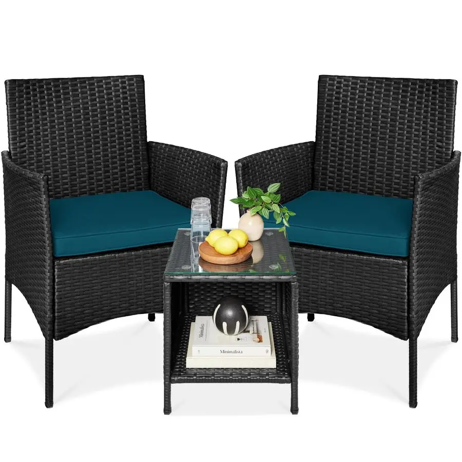 

3Piece Outdoor Wicker Conversation Bistro Set, Space Saving Patio Furniture for Garden w Side Table Black Peacock