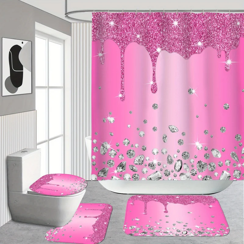 1/4pcs Pink Diamond Pattern Set, Shower Curtain With 12 Hooks, Non-Slip Bath , U-Shaped , Toilet Mat