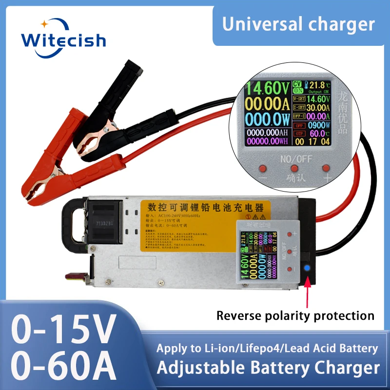 Adjustable maximum 900w charger for lithium-ion battery, 0-15v, 0-60a, 12v, 60a, 14.6 v, 60a, 12.6 v, 50a, 40a, 30a, 20a