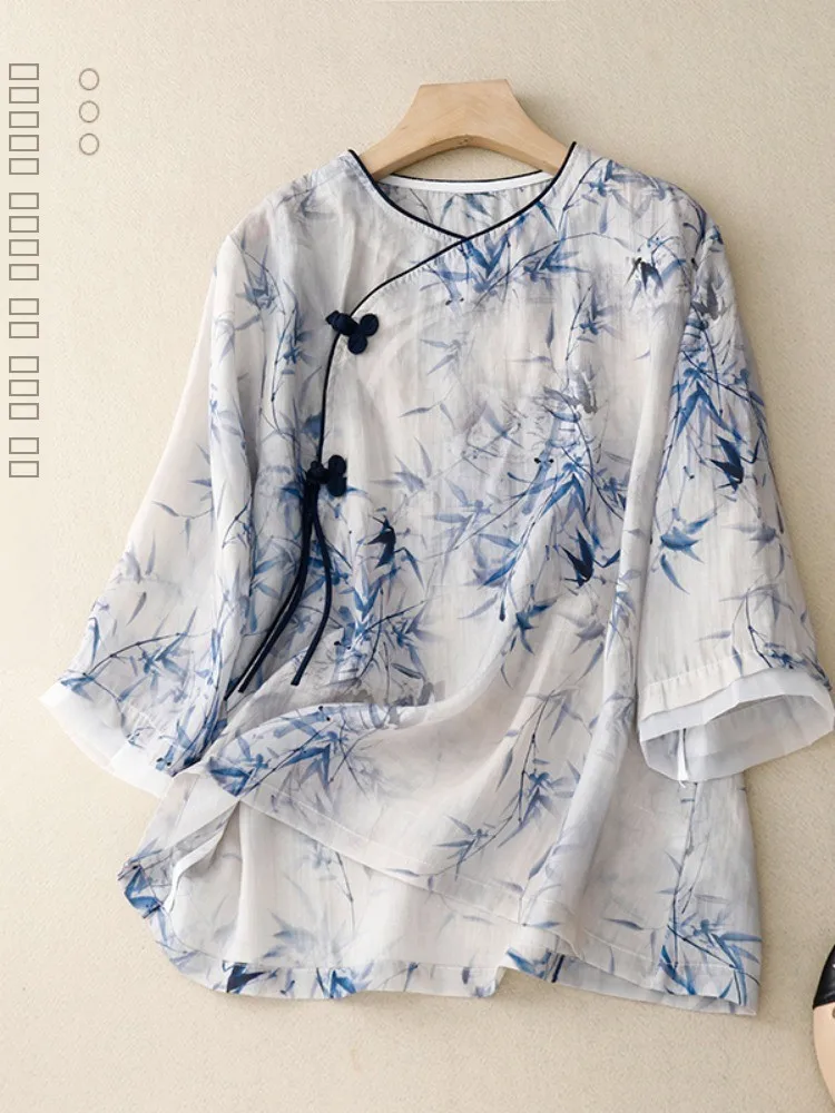 

Retro Bamboo Le Print Women's irt Cotton Linen Blend Slimming Modified Tea Costume Top Summer Thin Cotton Linen irt