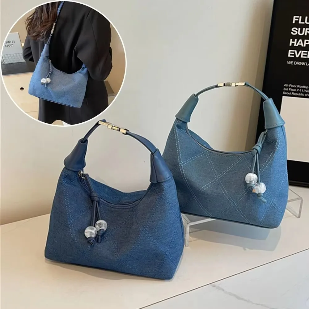 

Dual Use Embroidered Shoulder Bag Large Capacity Rhombus Soft Denim Handbag Zipper Korean Style Commuting Crossbody Bag Gifts