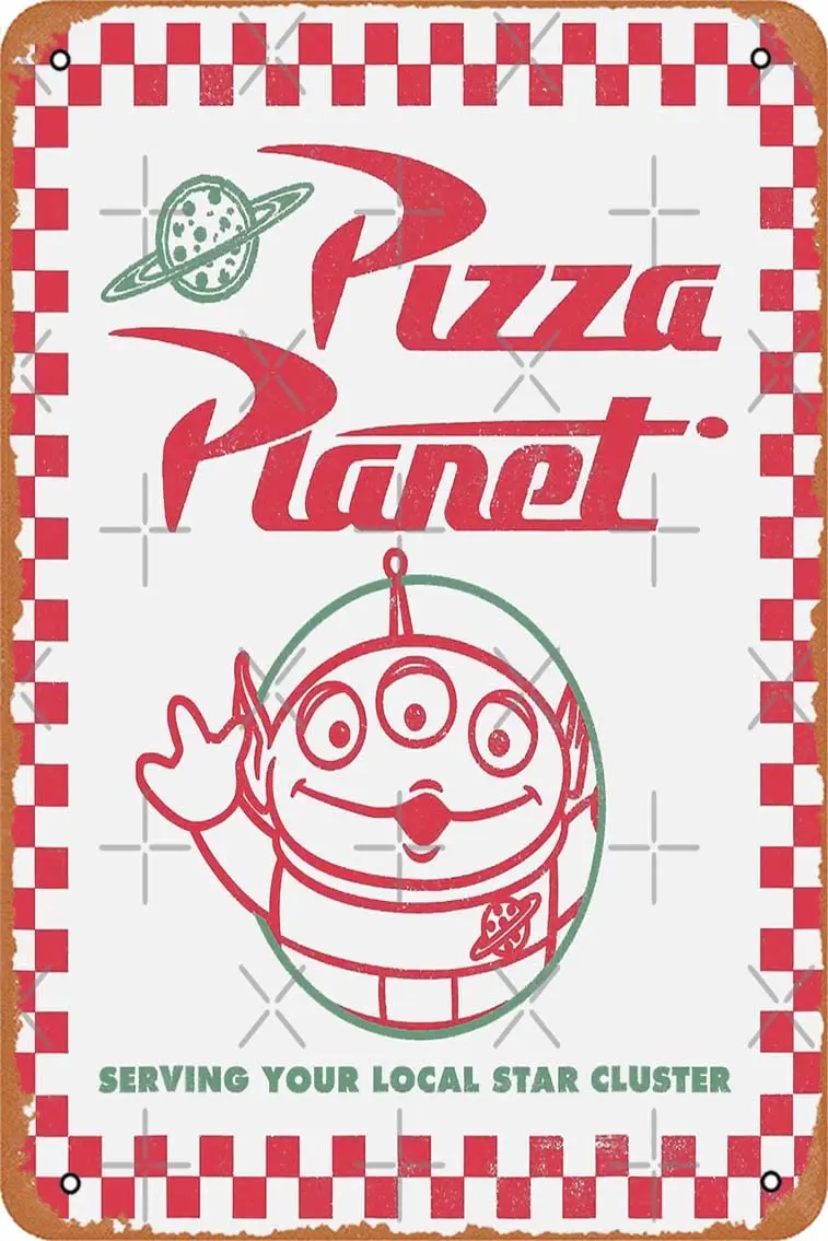 Pizza Planet Box Art,Comic Retro,Cartoon, Poster Metal Sign Retro Home decorativo Vintage Tin Sign 12x8 pollici