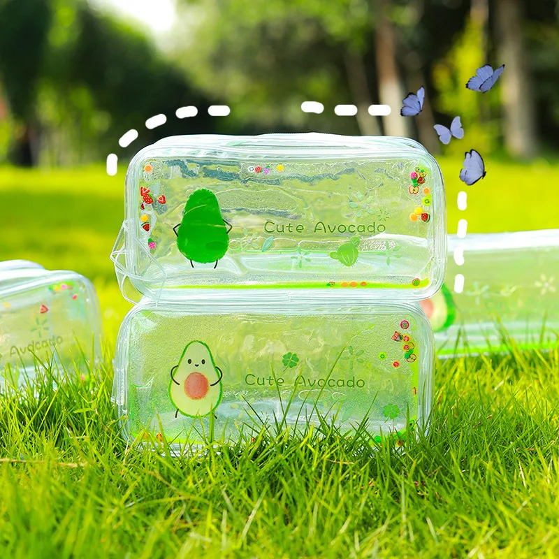 Cute Avocado Transparent Quicksand Pencil Case Cartoon Peach Large Capacity Pencil Case Stationery Case Portable Cosmetic Bag