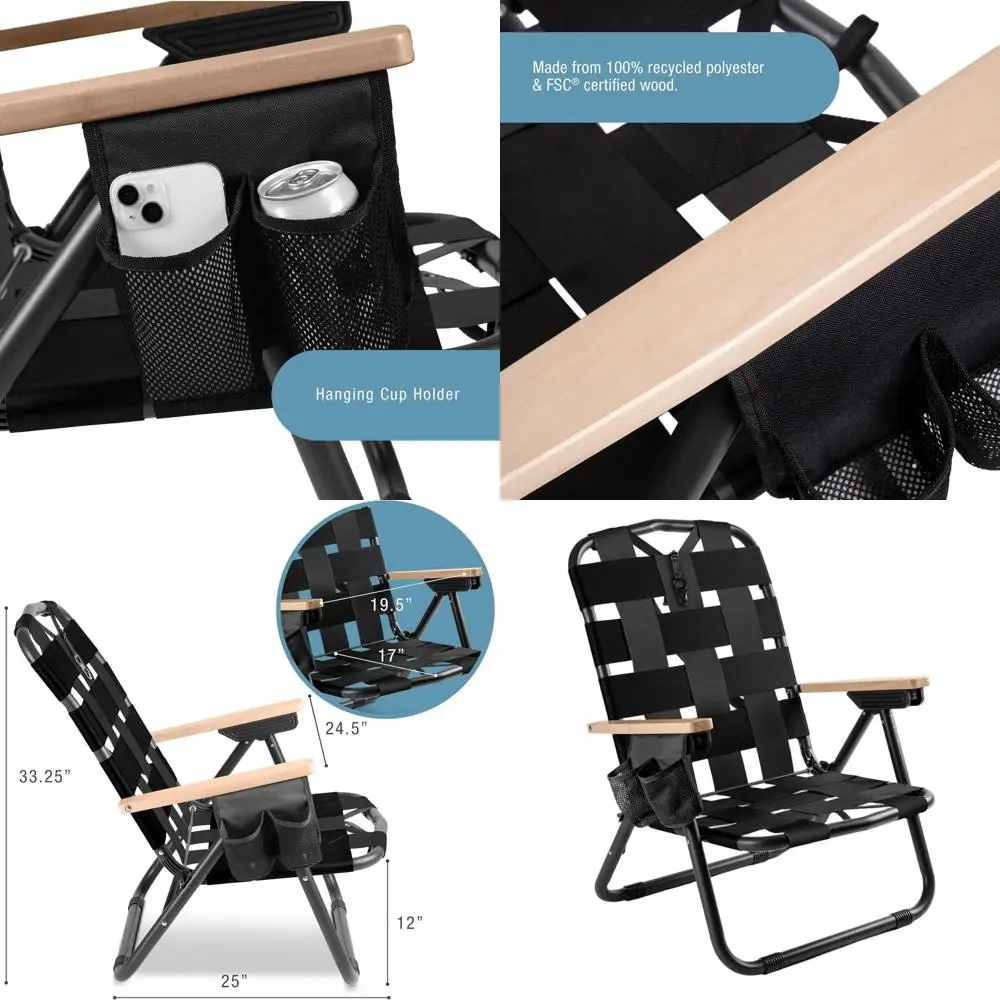 

Kove Midnight Black Beach Camping Chair, Hands Free Carrying Strap + Real Wood Handles & 2 Cup Holders, Foldable Reclining Low P