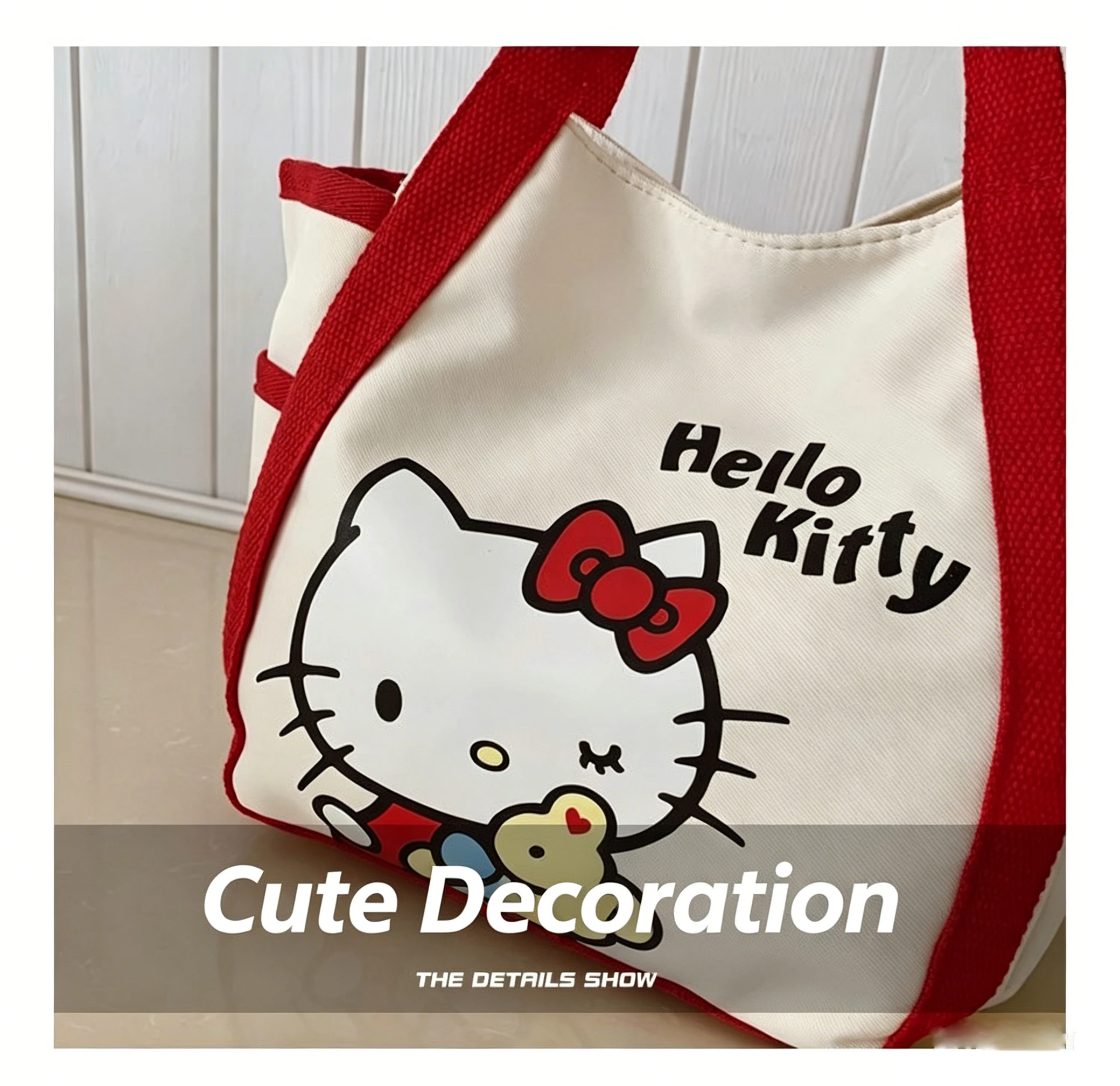 Hello Kitty Bento-Tasche für Damen, niedliche Cartoon-Leinentasche mit großem Fassungsvermögen, geeignet als Pendler-Handtasche für Studenten und Büroangestellte – Detail 5