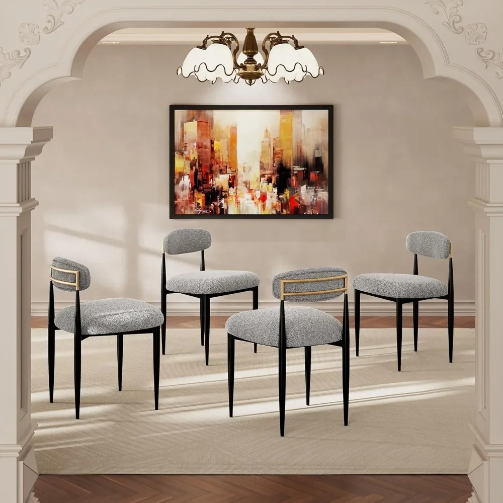 

Modern Dining Chairs Set of 4, Upholstered Boucle Chairs with Curved Backrest and Black Metal Legs for Dining Room