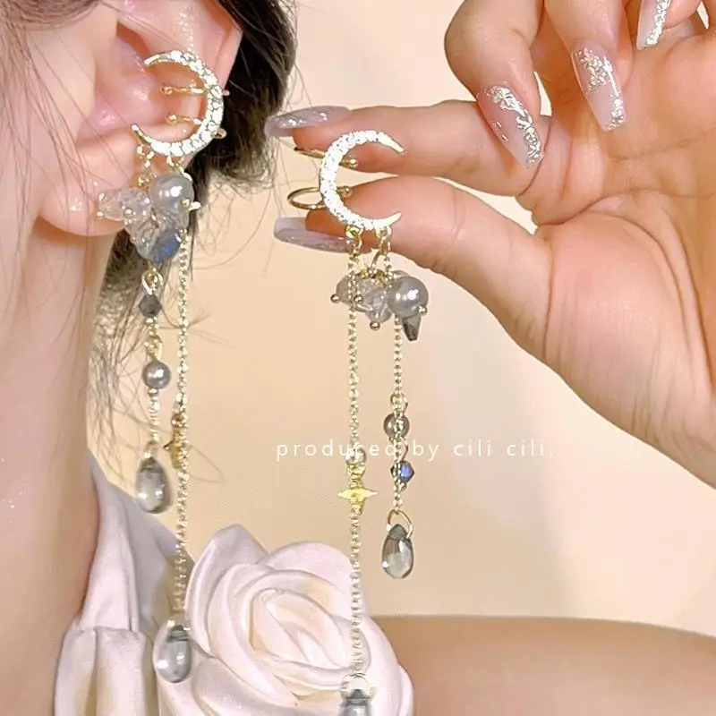 Moon Ear Clips For Women Long Tassel Ear Clips For Women Girl Vintage Jewelry Fashion Accessories Pendant Party Gift