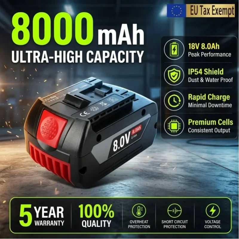 Professioneller kabelloser Werkzeug-Ersatzakku 18V 8000mAh Lithium-Ionen-Akku Ersatz für Bosch BAT609 GBA18V80, Ersatzakku mit langer Betriebszeit