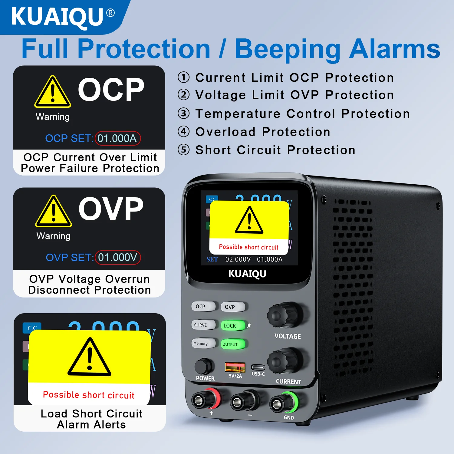 KUAIQU SPPS-K3010 Adjustable DC Power Supply 30V 10A with OCP/OVP Function for Cell Phone Charging and Electronic Device Testing