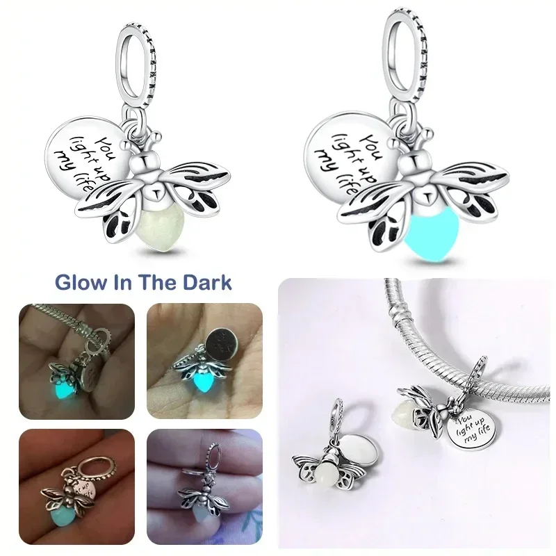 S925 Sterling Silver Glow-in-the-dark Firefly Charms bead Pendant for Original Charms Bracelet jewelry Beads for Women Diy gifts