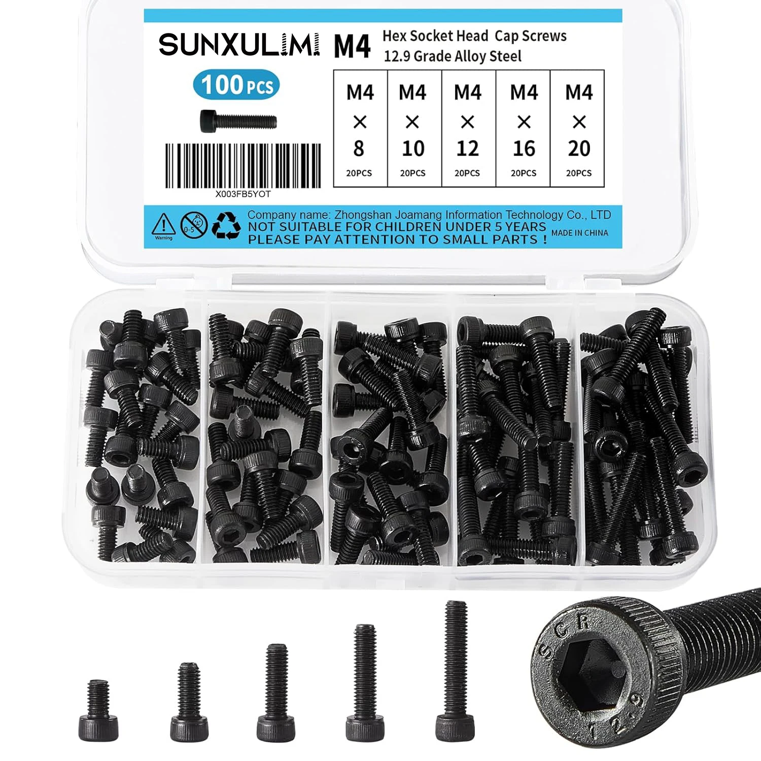 

100 pieces of M4 x 8/10/12/16/20mm hexagonal internal hexagonal screws and bolts, 12.9 grade alloy steel, black oxide surface