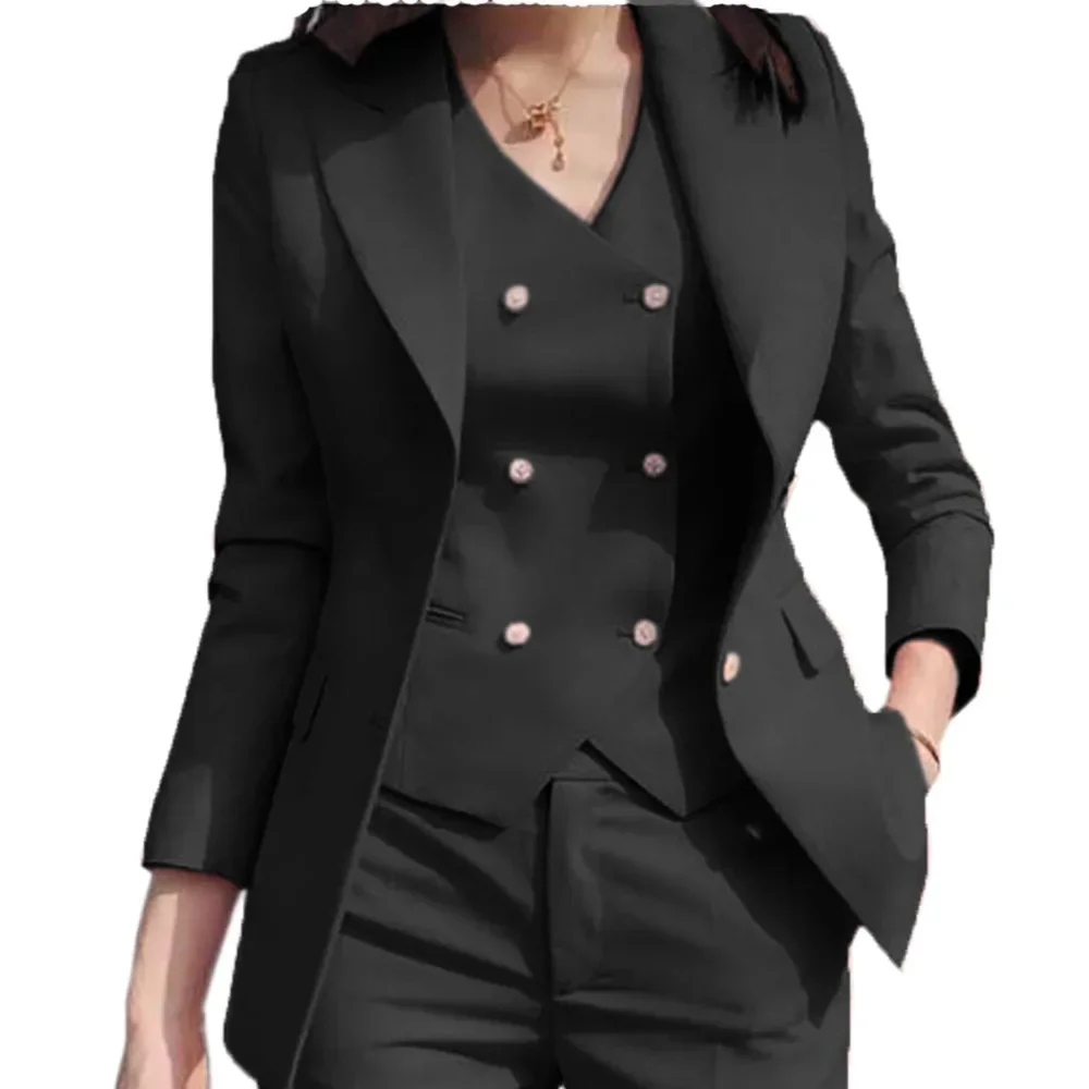 بدلة نسائية 3 قطع سوداء بزر واحد سادة نحيفة لحفلات الزفاف والعمل والمكتب والتنقل اليومي مجموعة غير رسمية سترة وسراويل #1