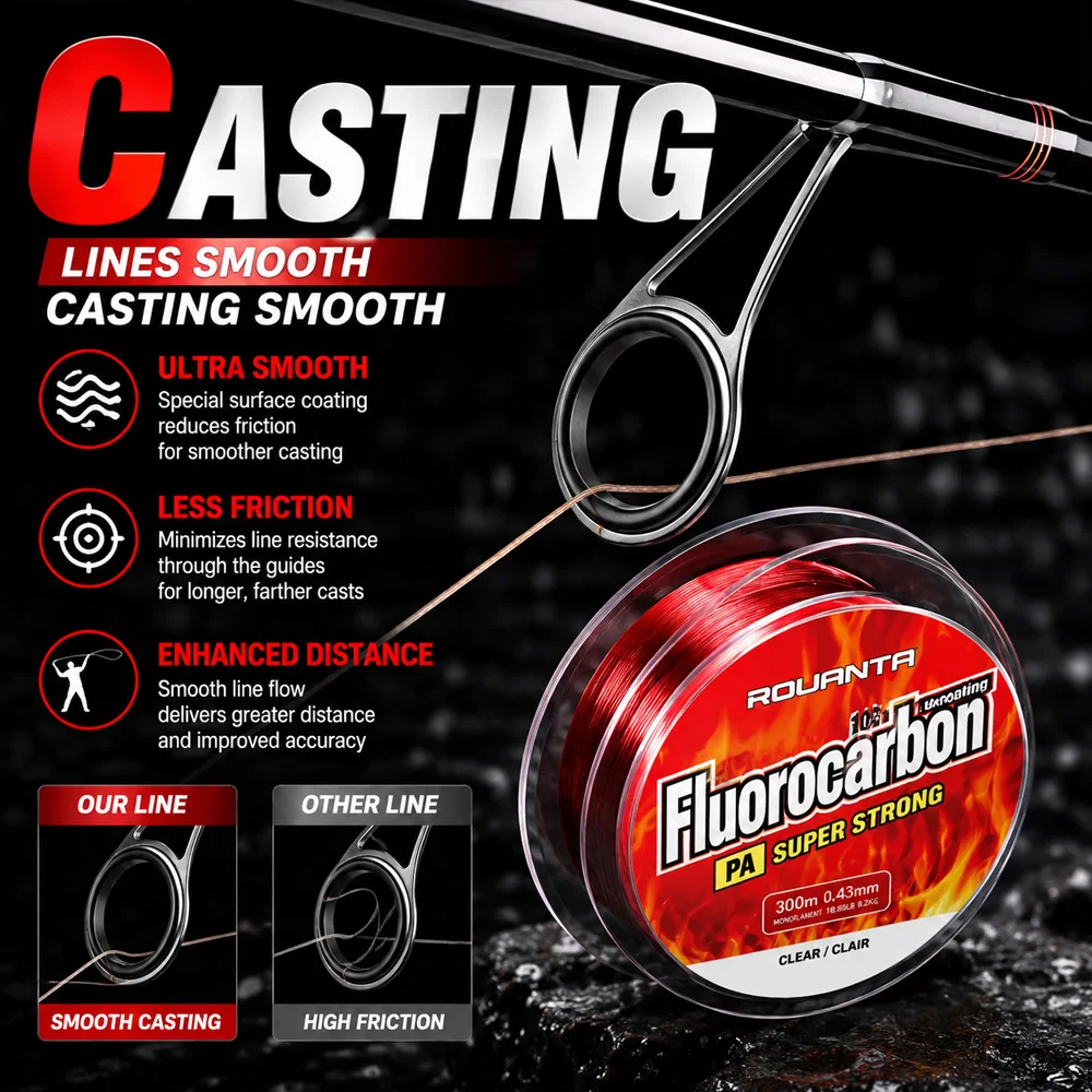 ROUANTA 300M 100% Fluorocarbon-beschichtete Angelschnur PA Superstark Klare Monofilament Schnell Sinkende Abriebfeste Angelschnur – Detail 3