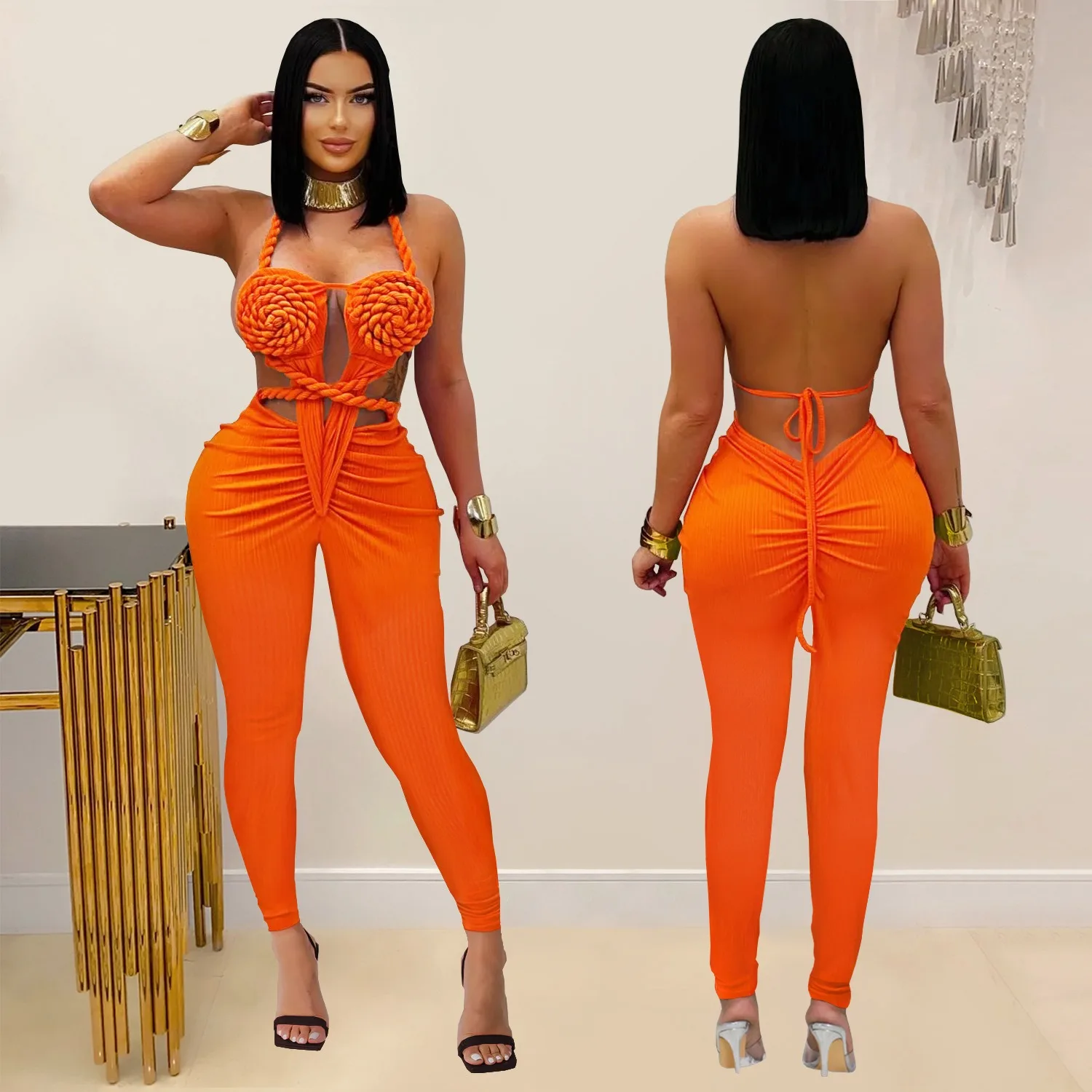

Solid Color Casual Hanging Neck Backless Solid Jumpsuit