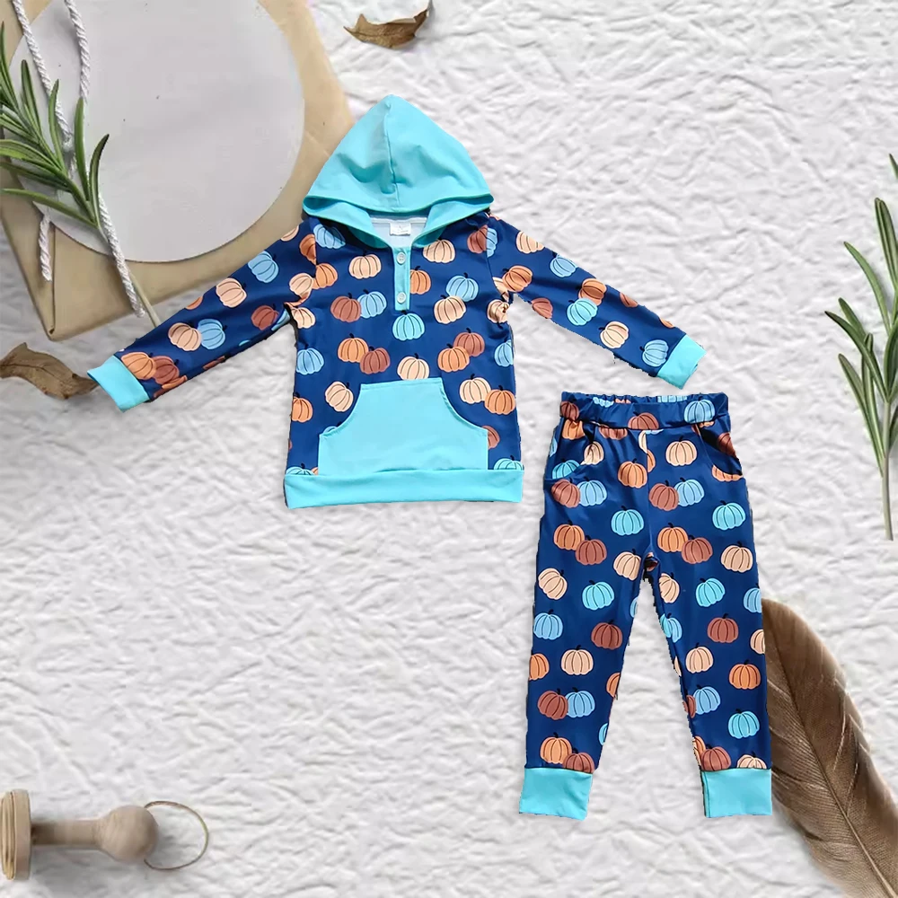 

New Rts Western Clothing Blue Orange Pumpkin Long Sleeve Suit with Red Pants boys Kid Fall Thanksgiving Day Outfits