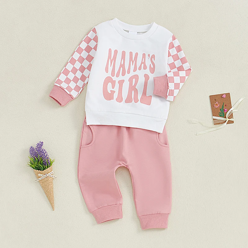 Schattige herfstkledingset voor babymeisjes met sweatshirt met letterprint, ronde hals en lange dambordbroek voor een stijlvolle look