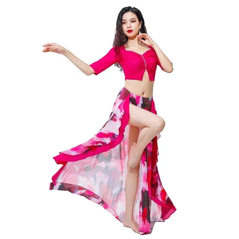 Traje oriental de dança da equipe para mulheres, roupas de dança do ventre, regata manga média, saia longa fenda lateral, floral francês, conjunto sexy de 2 peças