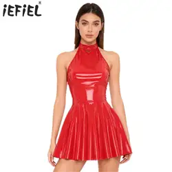 Womens Glossy Patent Leather Latex Dress Halter Skater A-Line Bodycon Mini Dress Swing Skirt Rave Disco Pole Dance Costume