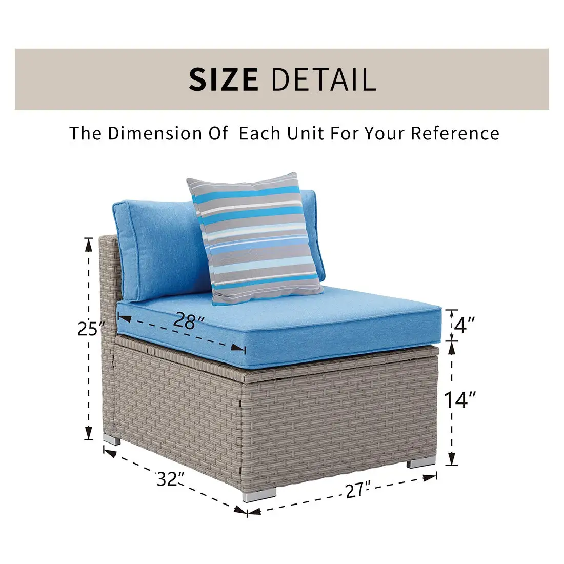 Warm Gray Wicker Armless Chair Blue Cushion Stripe Pillow Outdoor Garden Pool Backyard, Customized