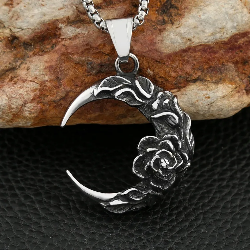 Gothic Vintage Crescent Moon Rose Pendant For Men Women Fashion Punk Stainless Steel Flower Necklace Couple Jewelry Wholesale