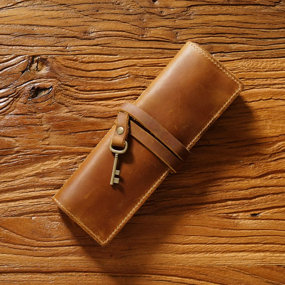Genuine Leather Genuine Leather Pencil Case Pens Bag Tie Rope Foldable Leathe Pencil Bag Creative Retro