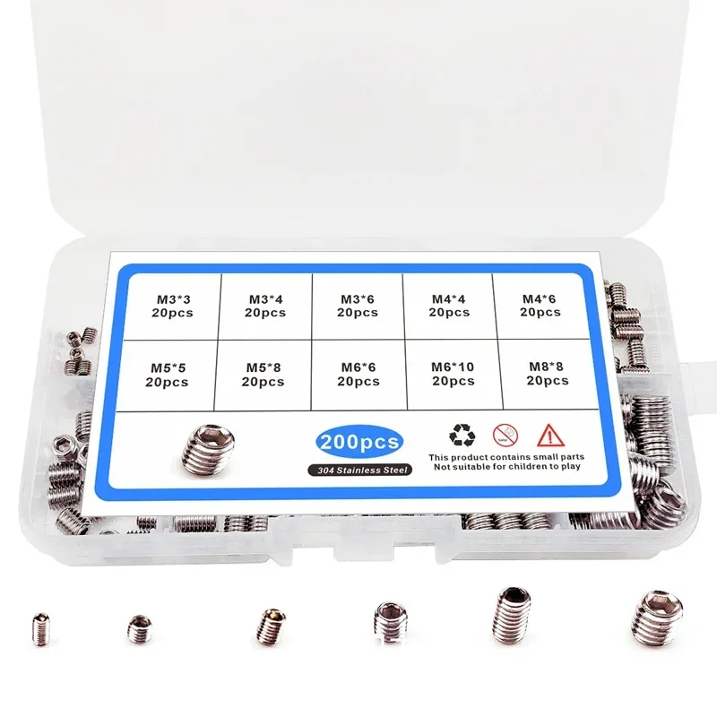 200pcs/Box Allen Grub Screws Set Grub Screw Head Bolt Kit 304 Stainless Steel M3 M4 M5 M6 M8