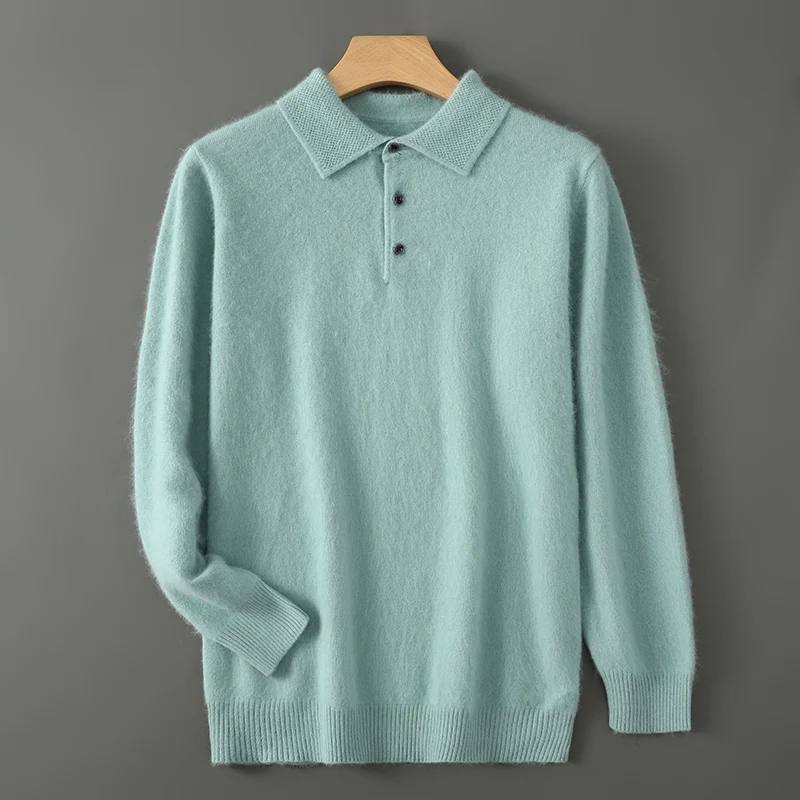 

100% Pure Mink Cashmere Knitted Sweater Men's POLO Neck Loose Large size Pullovers Fashion Youth Warm Coat Autumn New Base Shirt