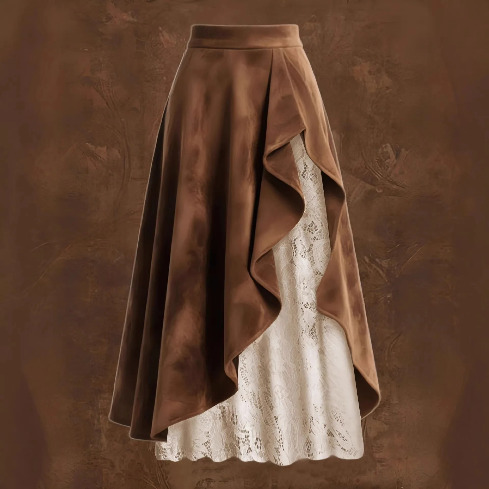 2026 New Fashionable Women's Retro Western Style Suede Lace Spliced Half Length Skirt