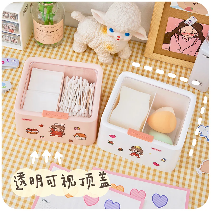 

Dust-proof Kawaii Storage Box Desktop Makeup Remover Cotton Swabs with Lid Student Dormitory Artifact Jewelry Organizer