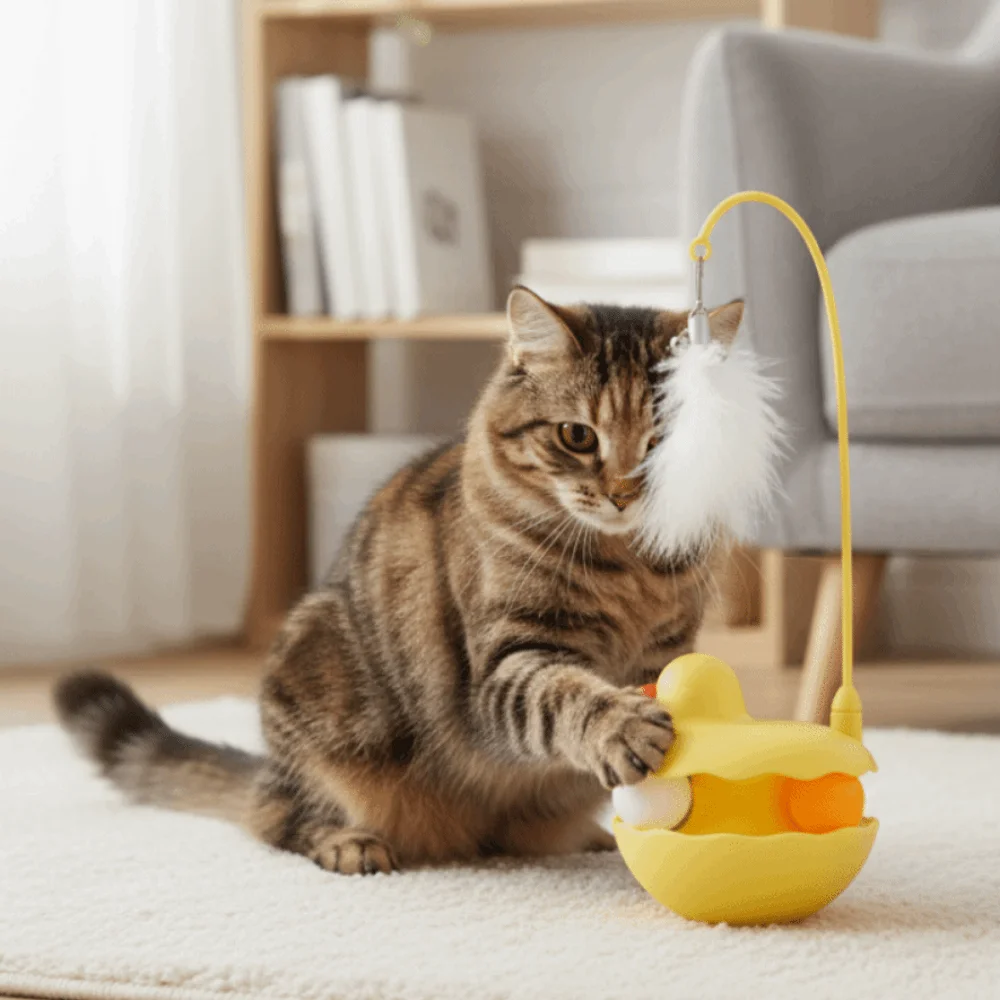 

360 ° Rotation Tumbler Cat Toy Duck Shaped Bite Resistant Cat Teaser Toy with Bells with Feathers Kitten Play Wand