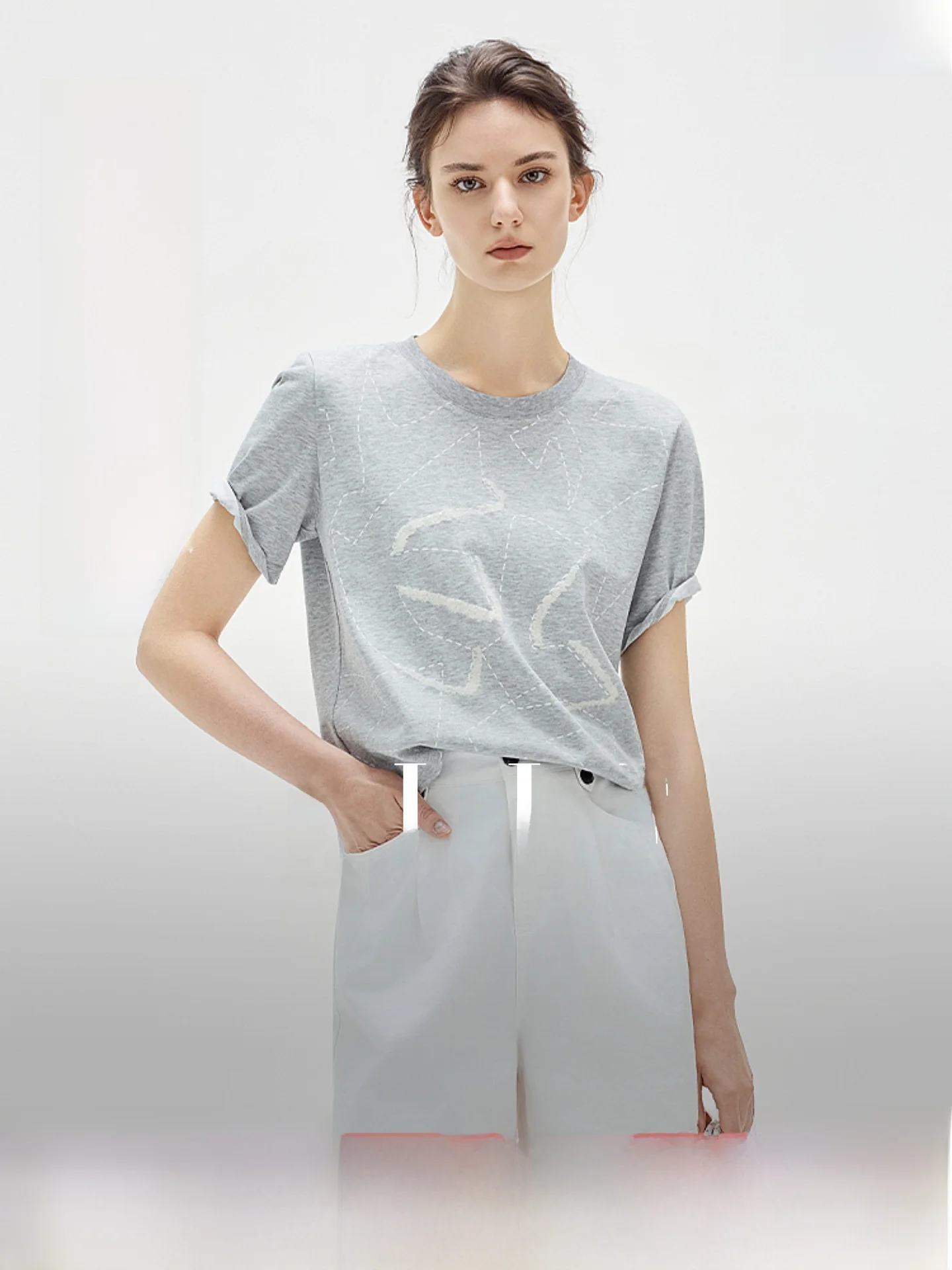

ELLE Women's round Neck Short Sleeve T-Shirt Commute Casual Summer New Style Printed High-End Feelings Shoulder Balance
