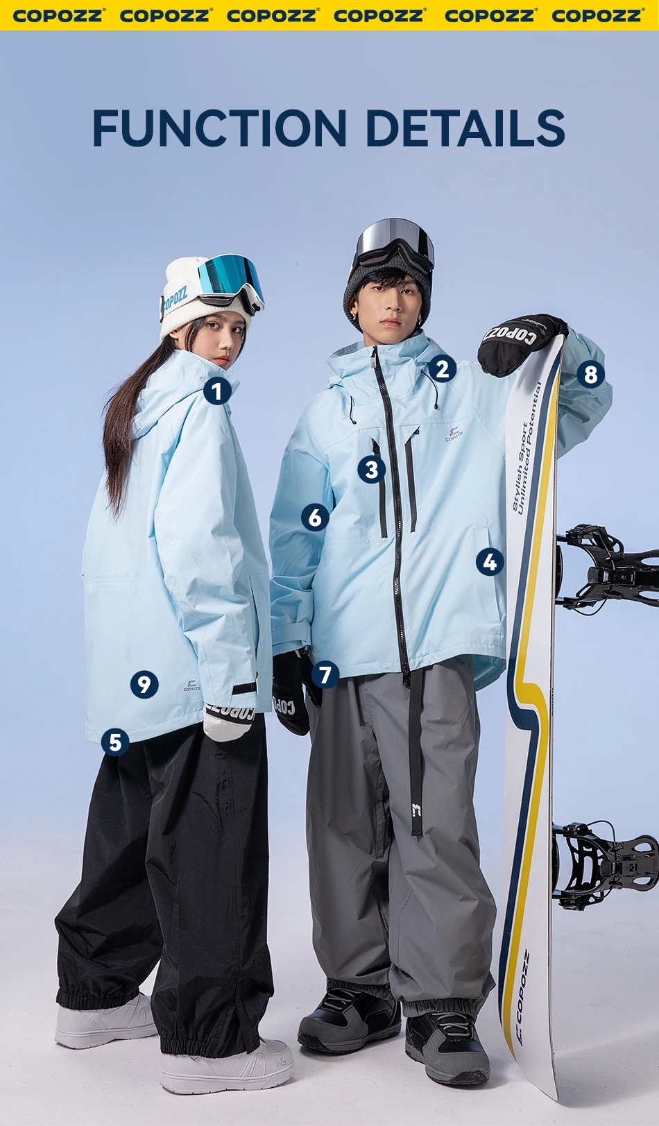 COPOZZ Verdickte 3L Skijacke für Herren und Damen, winddicht, wasserdicht, Winter-Ski-Mantel, Skibekleidung, einfarbig, mit Kapuze, warmer Snowboard-Skianzug – Detail 11