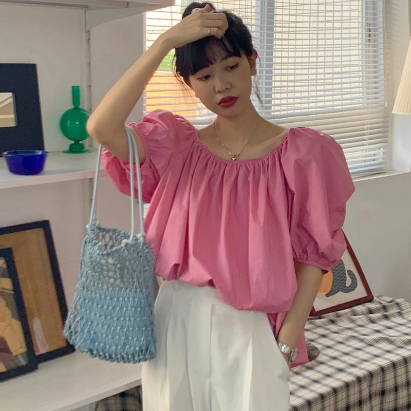 Pure Cotton White Shirts Women Korean Hollow Out Bandage Blouses Summer Streetwear Fashion Pink Puff Short Sleeve Loose Tops New