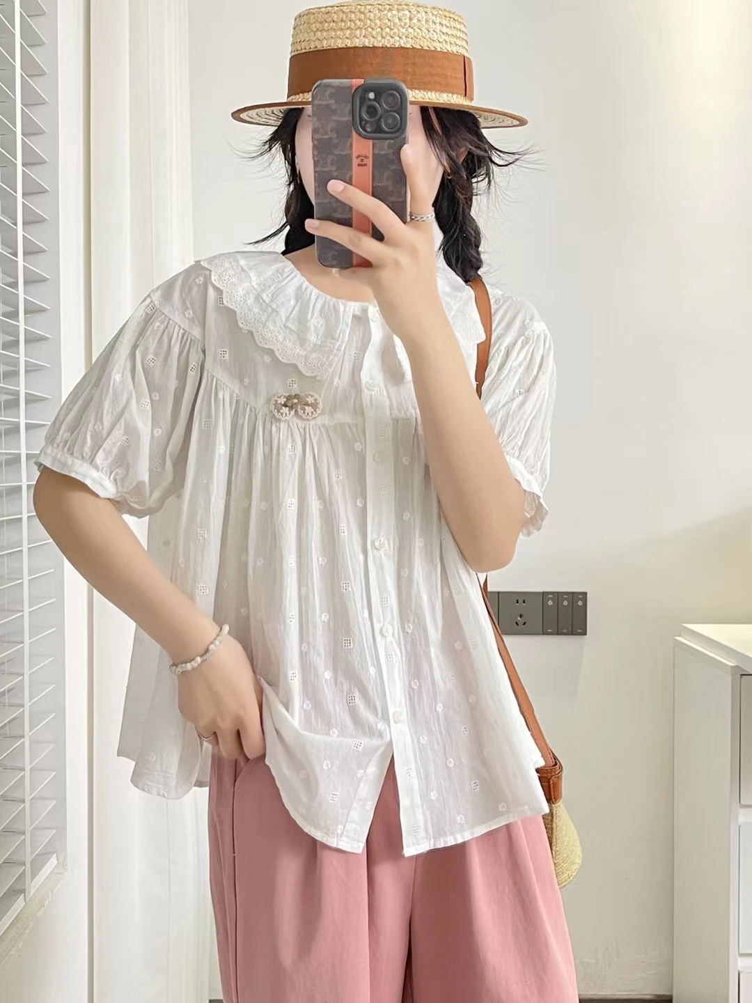 New 2025 Summer Cotton Short Sleeve Shirt, Women Peter Pan Collar Embroidery, Mori Girl Japan Style Sweet Loose Blouse T55553CC