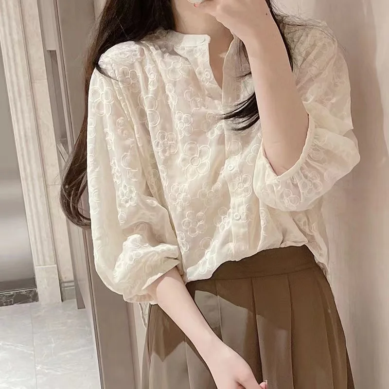 

Ele Sweet Retro Women's irt Summer Design Unique Top Ultra Fairylike Chic Sle Pure Color Commute Sle f Open Collar