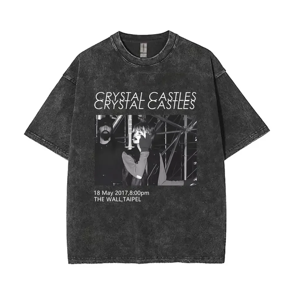 Custom Washed Vintage Crystal Castles Music Album II Double Sided Print T-shirt Men Gothic Punk T Shirt Men's Oversized Cotton T