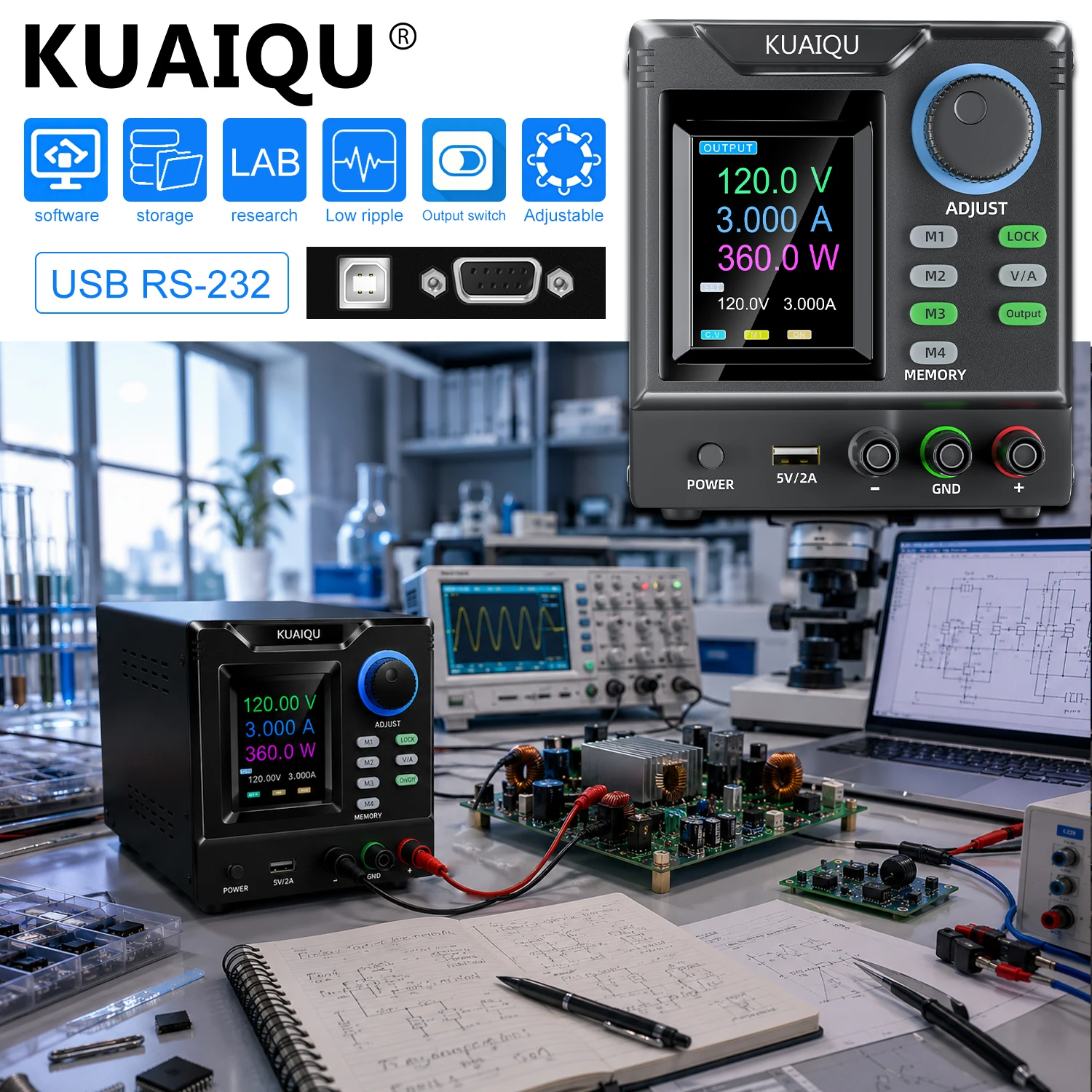 KUAIQU 0-120V 30V10A Power Supply Lab Grade For 96V 72V Battery Management System Storage Function LED Driver Testing Aging Test