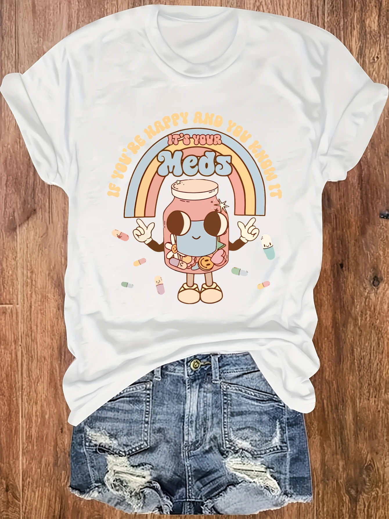

Women's plus size tank top If You Re Happy And You Know It It S Your Meds Rainbow Pill Bottle Character Peace Signs Pills