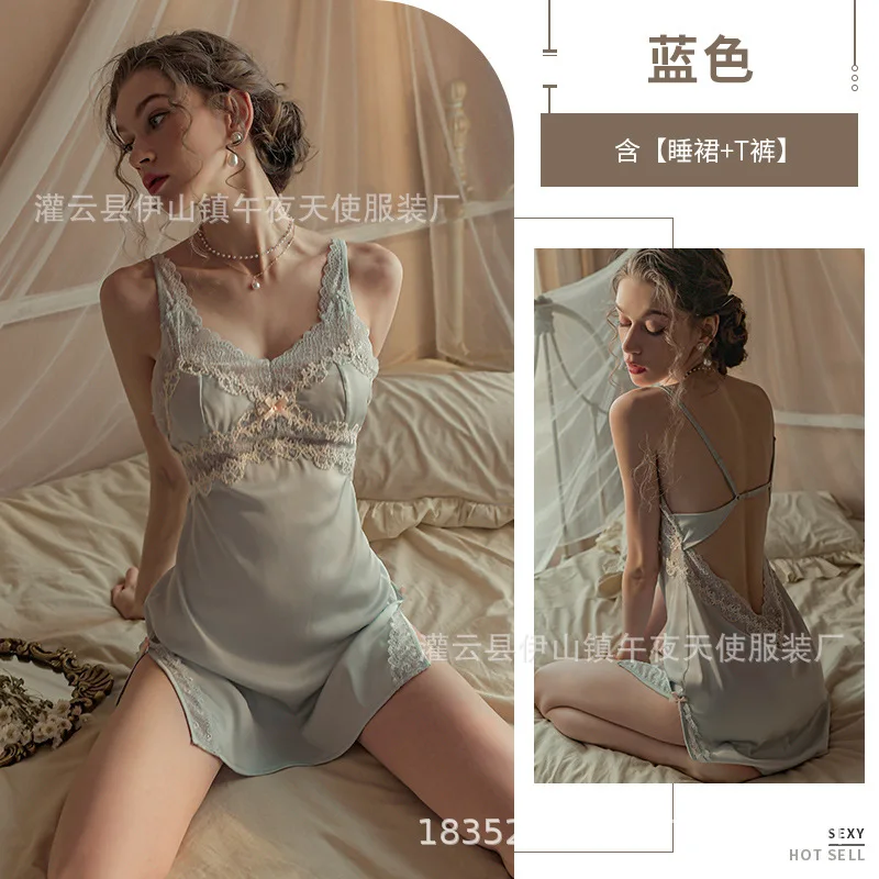 

Sexy pajamas, women's home pajamas, oversized camisole dresses, lace seductive deep V leakage bra thong