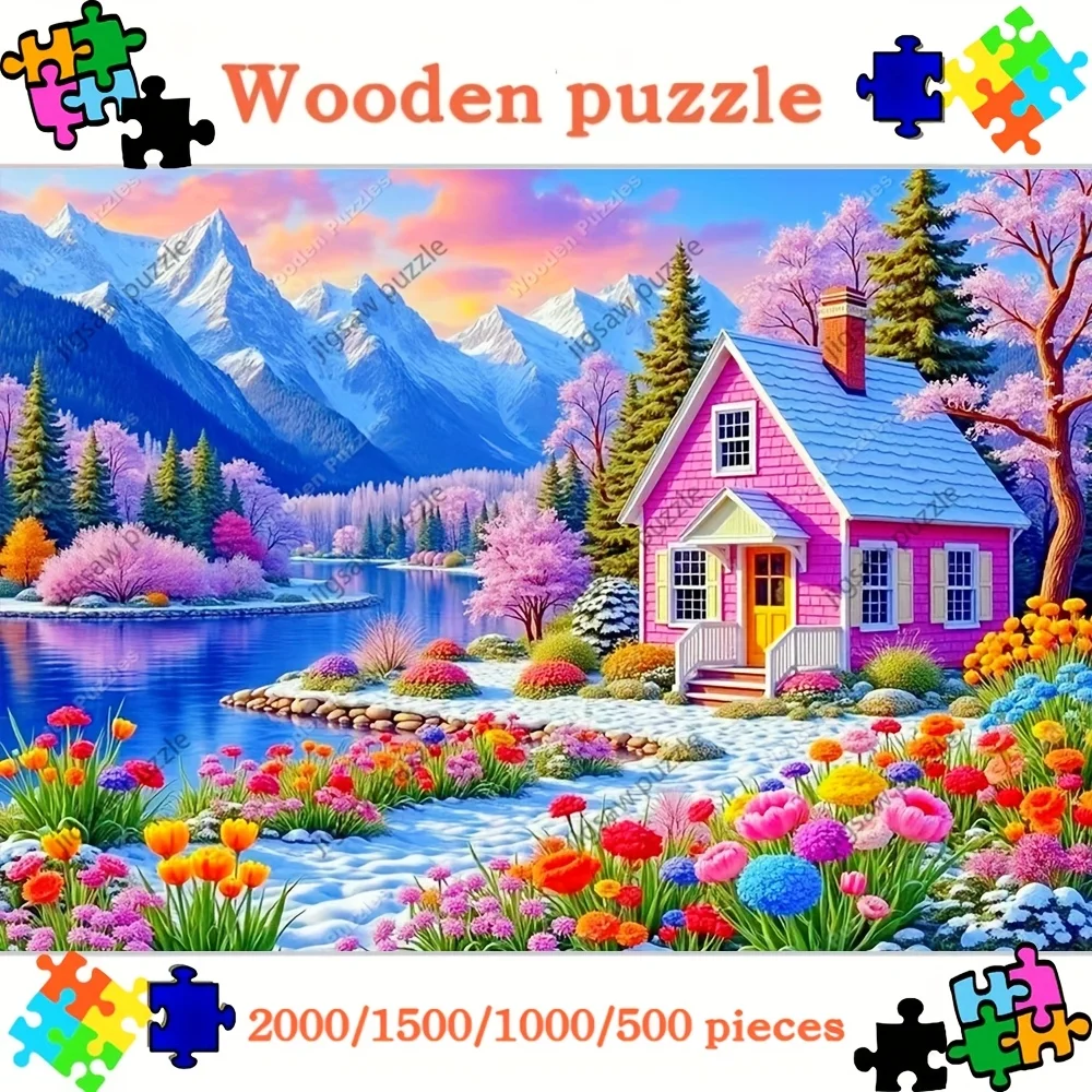 2000/1500/1000/500 قطعة أحجية الصور المقطوعة الخشبية للبالغين - مشهد زهور جبل البحيرة الوردية النابضة بالحياة، تشالينجين الخشبي الفاخر