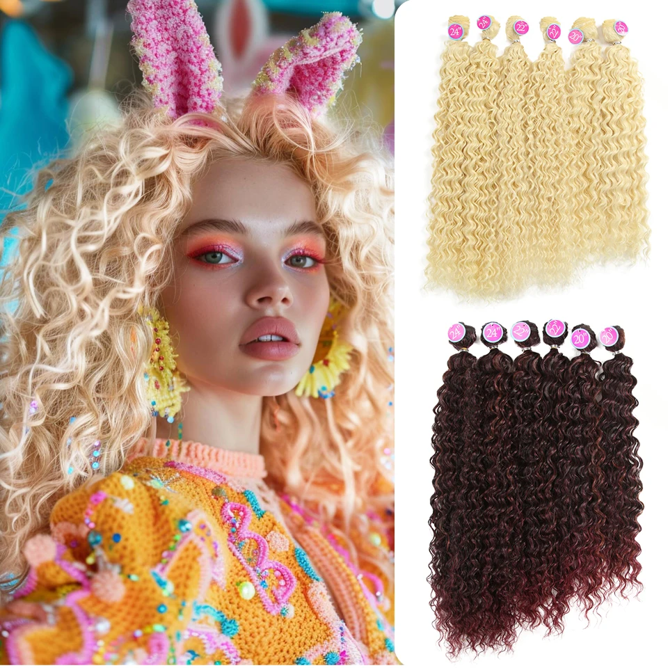 6 PC 20-24 inch Afro Kinky Curly Hair Weave Bundles Blonde burgundy Color Synthetic Hair Extensions Nature Color Hair For Women