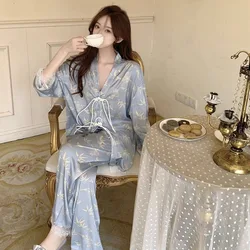 Women's Pajamas Sets Spring Autumn 2 Piece Print Kimono Pyjama Faux Silk Satin Sleepwear Long Sleeve Pijama Mujer Pjs Homewear