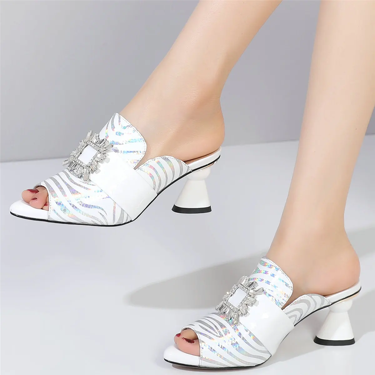 Summer Rhinestones Wedding Party Slippers Women Genuine Leather High Heel Gladiator Sandals Female Open Toe Pumps Casual Shoes