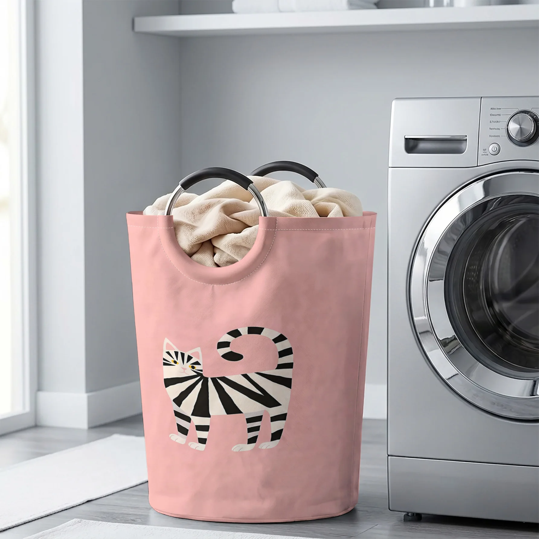 Geometric Striped Cat Print Handheld Storage Basket On Light Pink Background, For Laundry, Bedroom & Home Sundries Storage