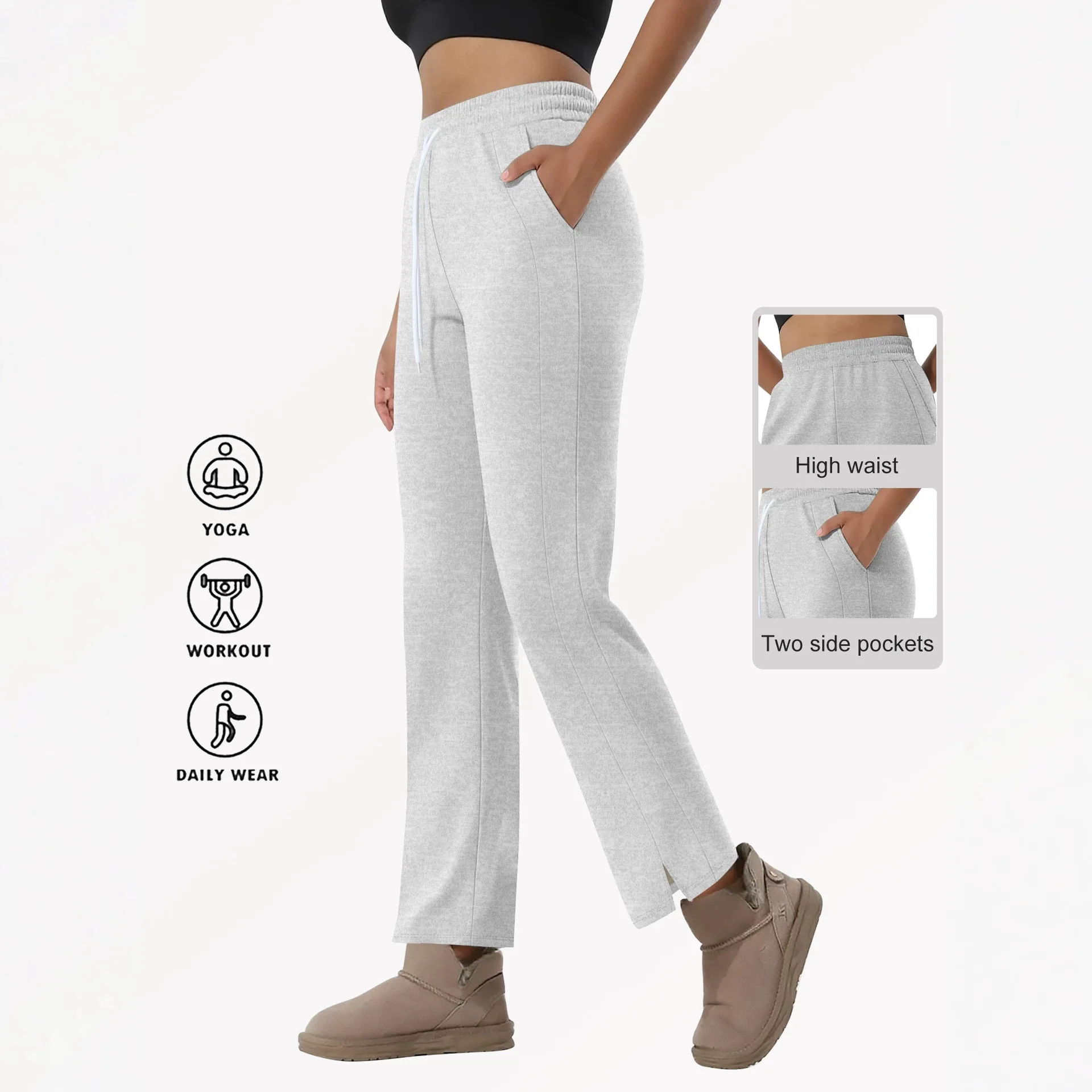 Women Fleece Lined Wide Leg Pants Winter Thick Thermal Warm Trousers Drawstring Waist Slant Pockets Split Hem Casual Pants